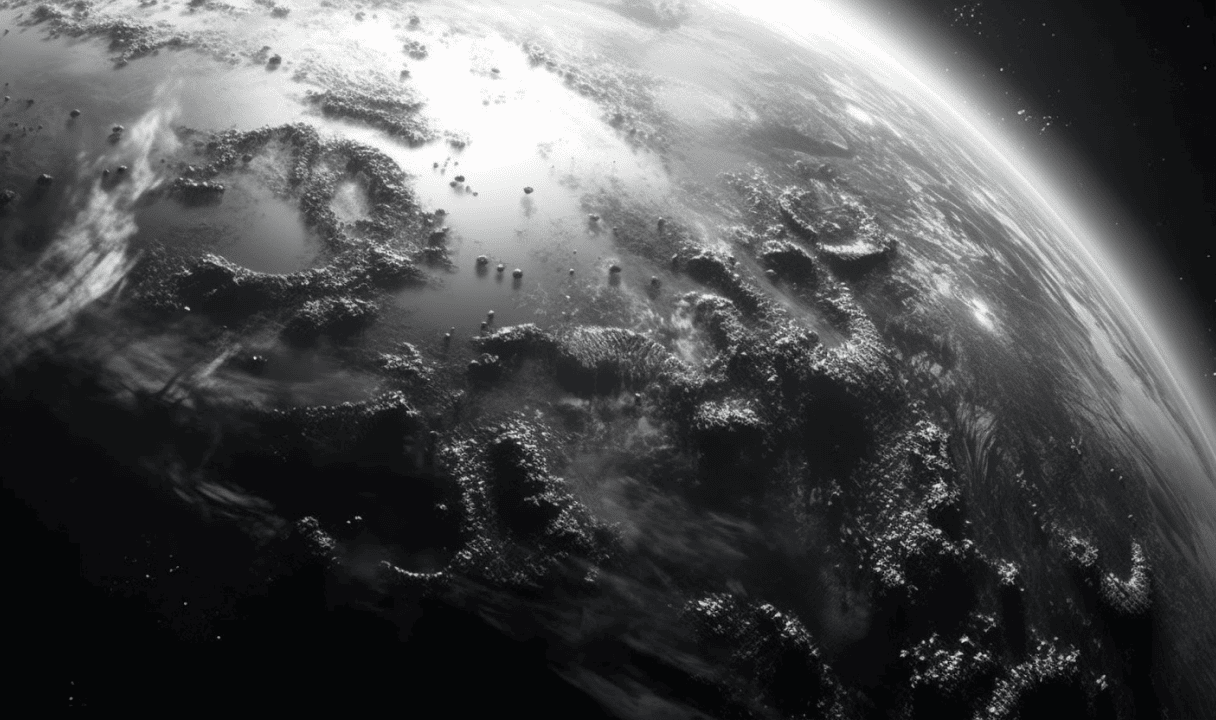 Black and white photo of the Earth from space.